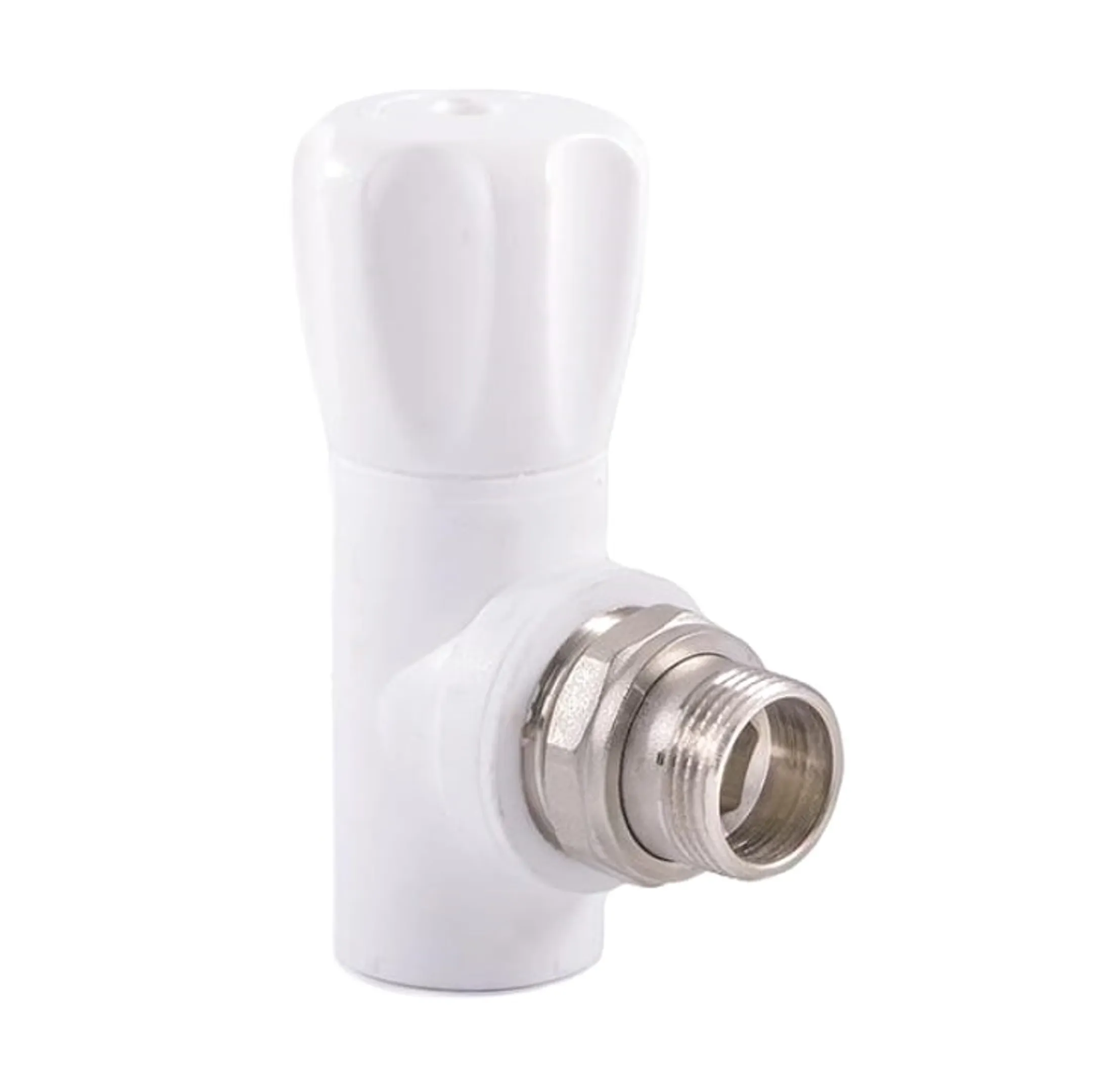 Клапан (вентиль) PP-R запорный белый НР Дн 20x1/2" Ру25 угловой для радиатора RTP (РосТурПласт) 1053